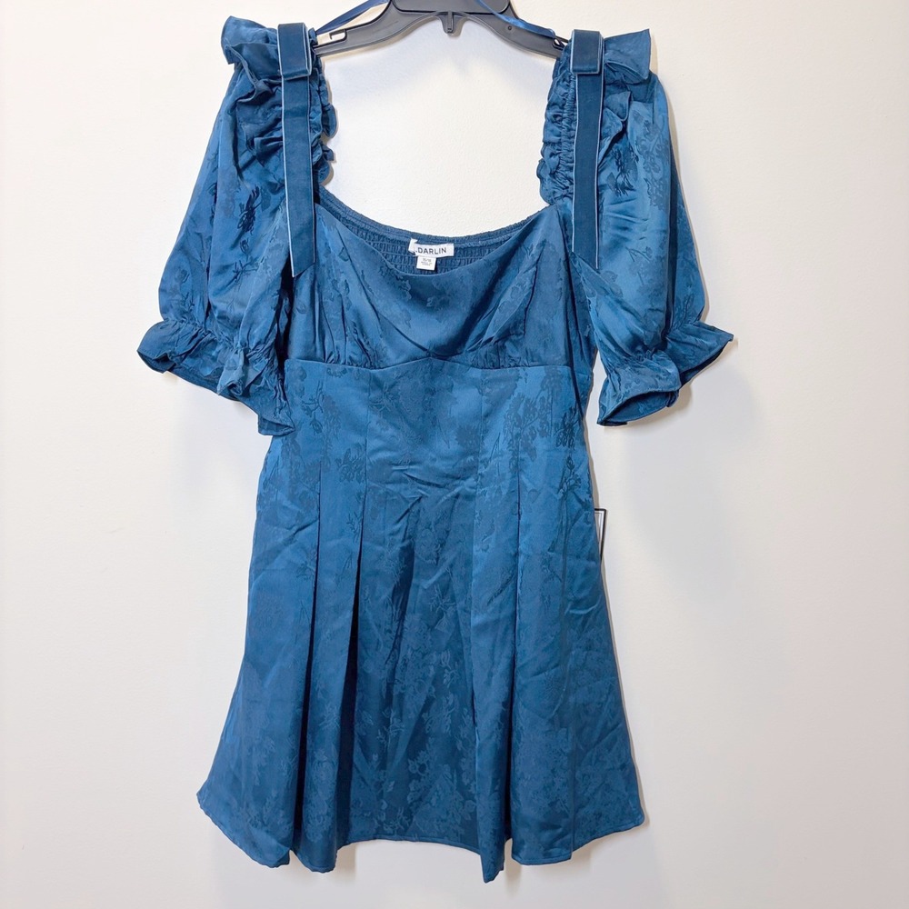 Darlin Teal Blue Floral Jacquard Puff Sleeve Mini Dress Velvet Bows Sz 15/16